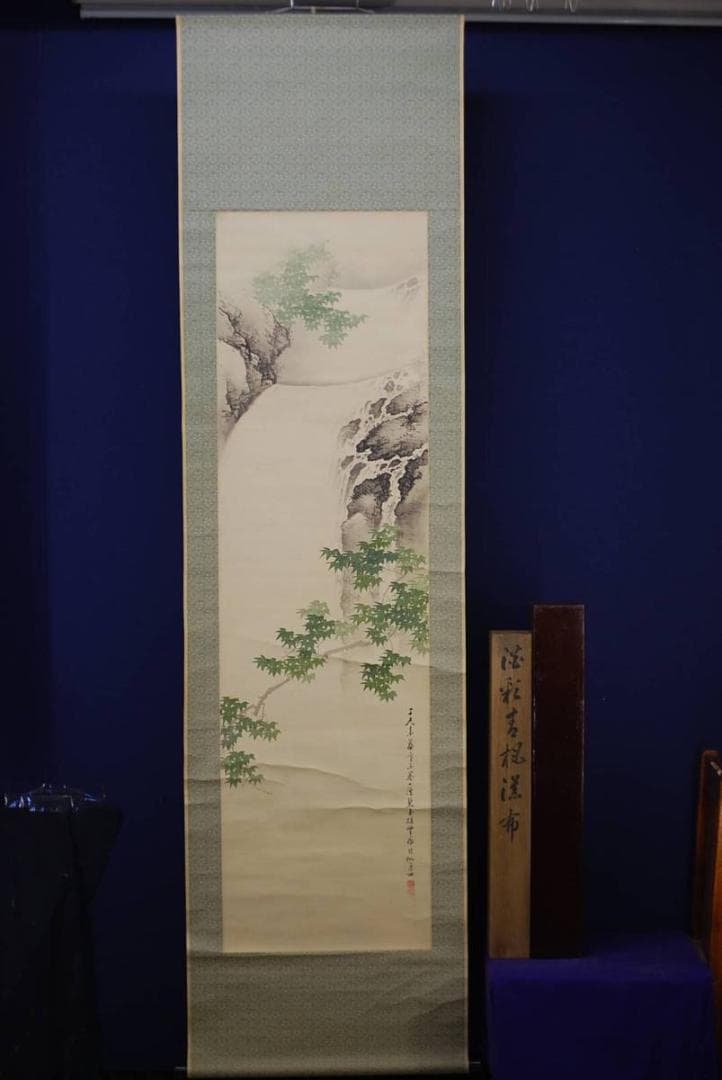 真作/池田桂仙/瀧に楓図/桐共箱二重箱/布袋屋掛軸HD-332
