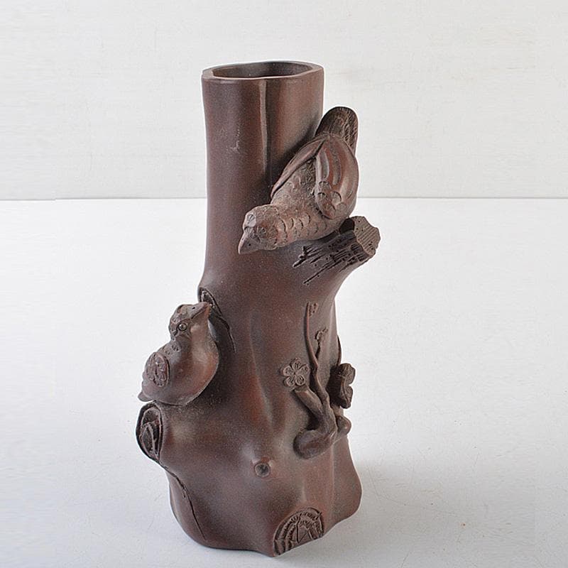 中国　紫砂　朱泥　梅に鳥彫　花瓶　在銘　V　R6449