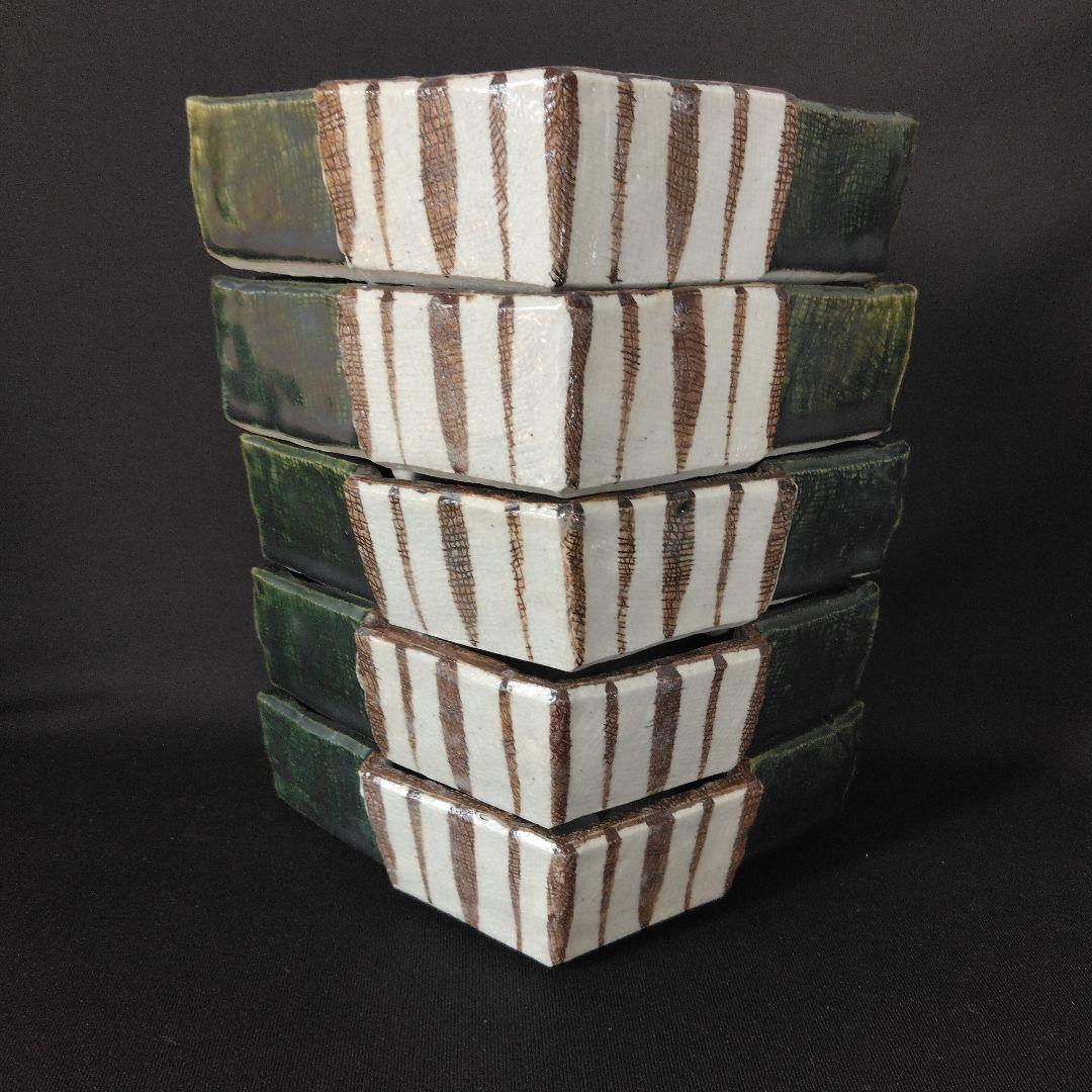 織部焼 古瀬戸窯 村瀬甲二 作 織部菱形小鉢 5客 懐石道具 割烹料理 料亭