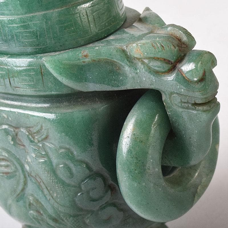 中国　玉石翡翠彫刻　雙耳活環　獅子鈕蓋爐　香炉　V　R8792