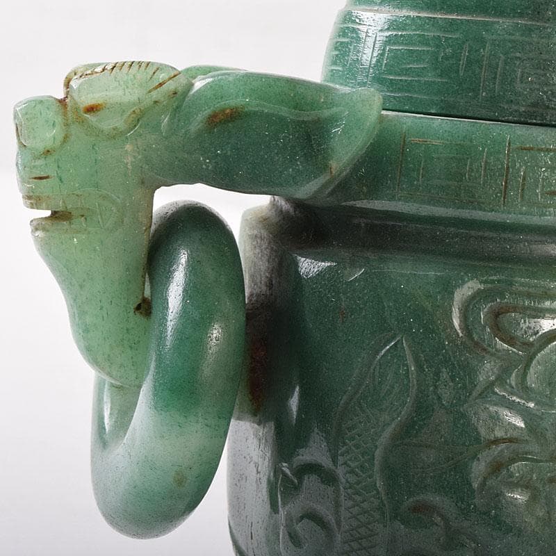 中国　玉石翡翠彫刻　雙耳活環　獅子鈕蓋爐　香炉　V　R8792