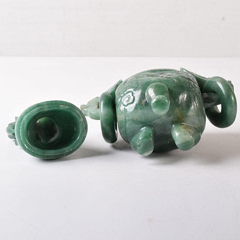中国　玉石翡翠彫刻　雙耳活環　獅子鈕蓋爐　香炉　V　R8792
