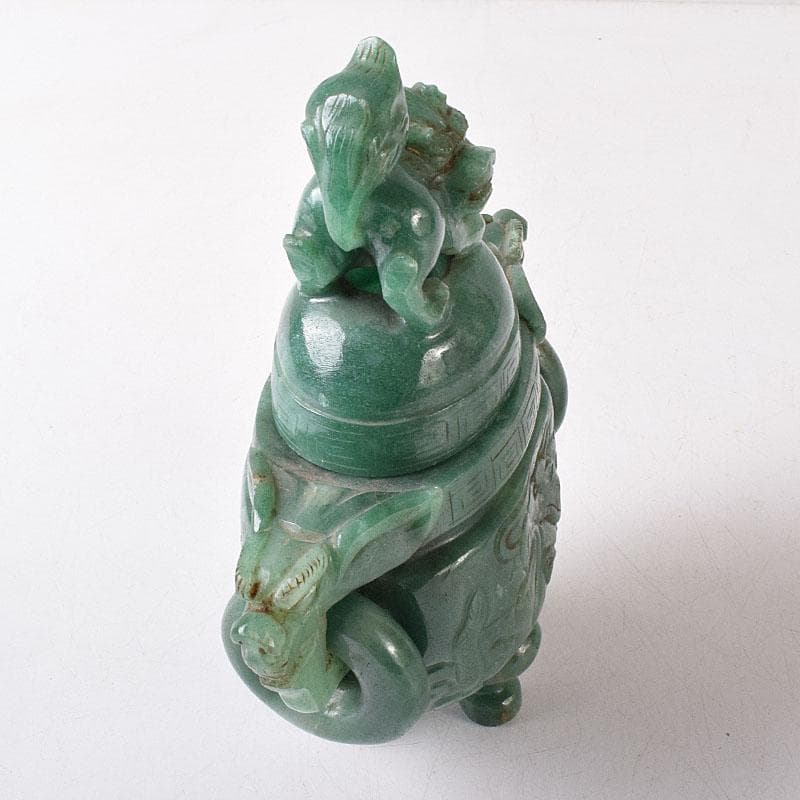 中国　玉石翡翠彫刻　雙耳活環　獅子鈕蓋爐　香炉　V　R8792