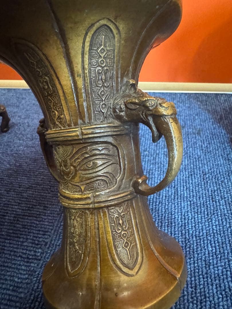 1904  春甫造　古銅　仏具 木瓜菖蒲型五具足　火立2客　花立2客　香炉1客