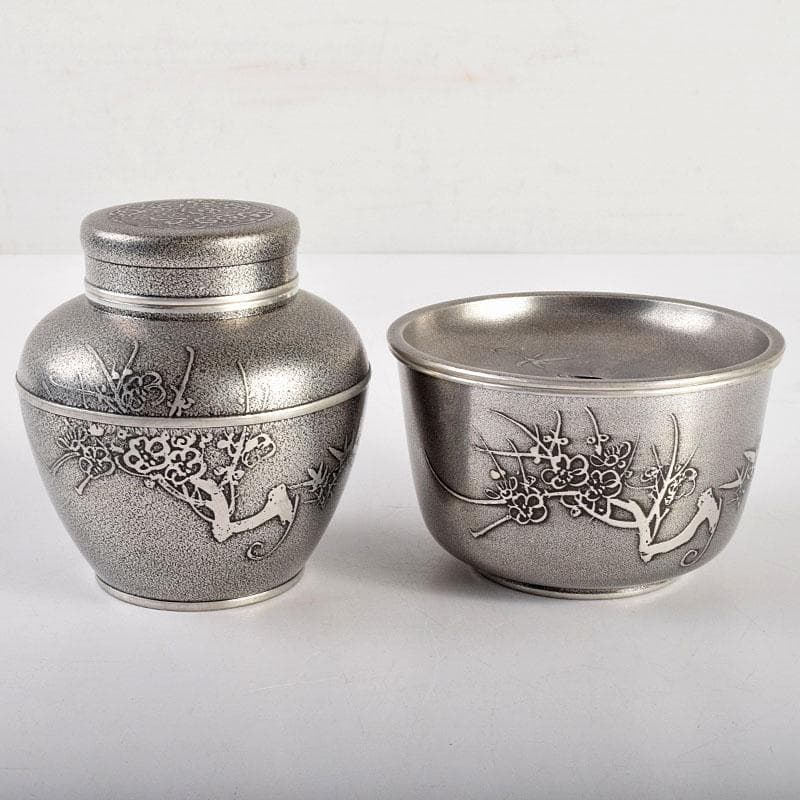 煎茶道具　錫製　間村自造　四君子文　茶壷　茶こぼし　2点まとめて　M　R4941