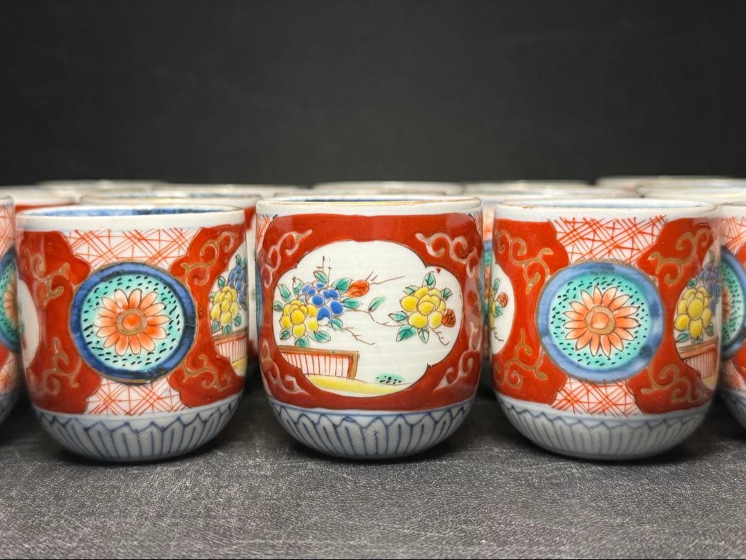 古伊万里 錦手 窓絵草花文 覗 17客 無傷 明治 小猪口 のぞき ぐい呑 煎茶