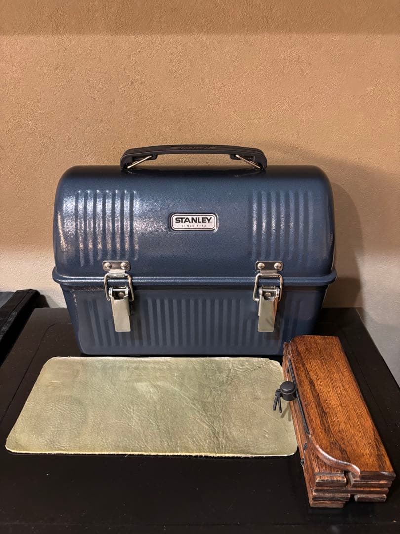 【希少】STANLEY ランチボックス ネイビー　木天板　本革底マット付