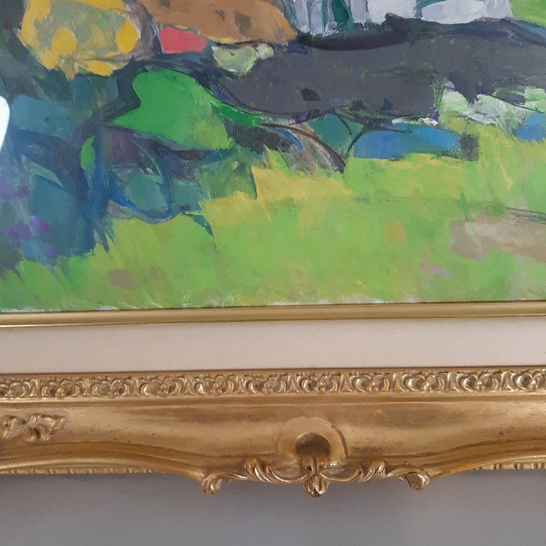 No4605 額装　菅野矢一「教会の春」油彩画　直筆サイン　箱付　絵画　送料無料