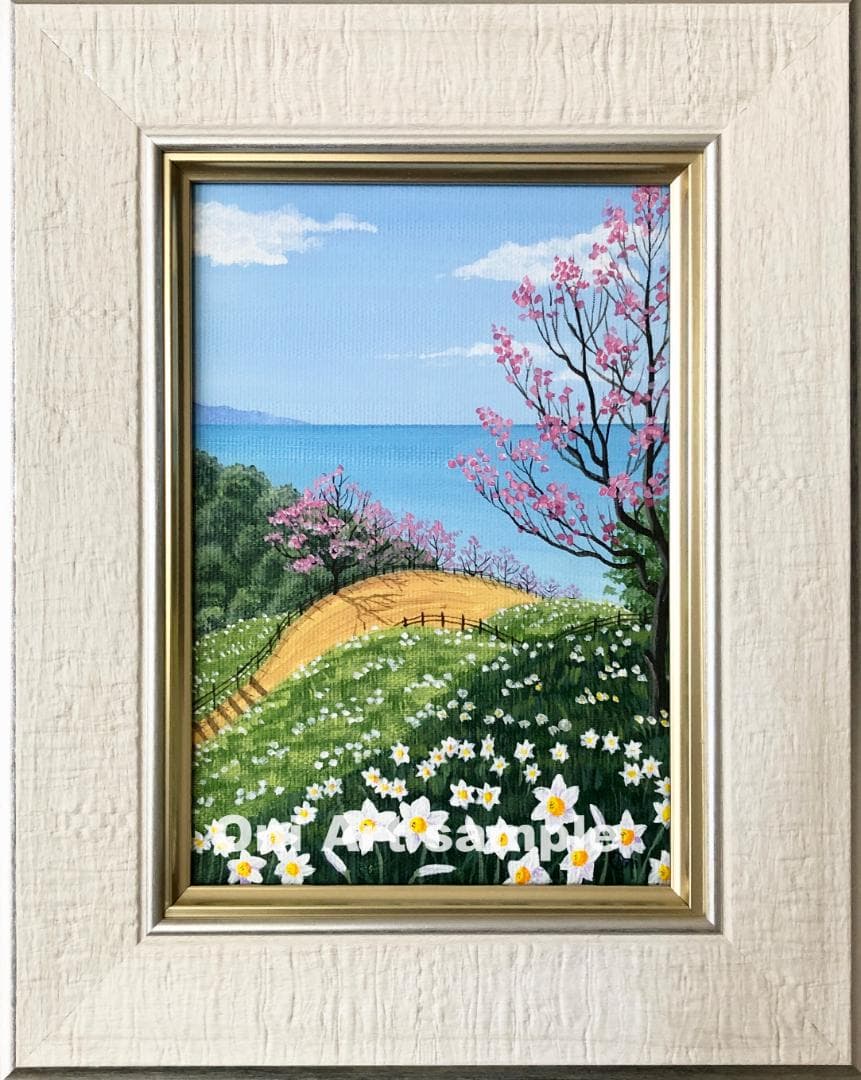 アクリル画　原画　「スイセンの咲く丘01」額縁付　SMサイズ　キャンバス