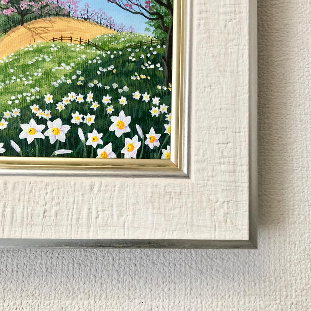 アクリル画　原画　「スイセンの咲く丘01」額縁付　SMサイズ　キャンバス