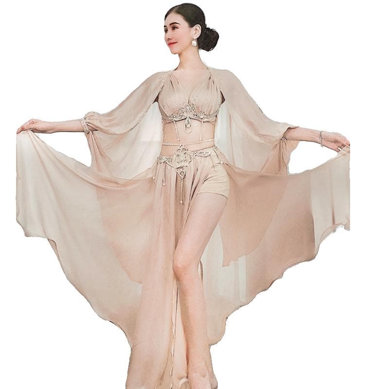 ベリーダンス衣装 ラインストーン文胸ロングスカート 舞台用シャンパンベージュ