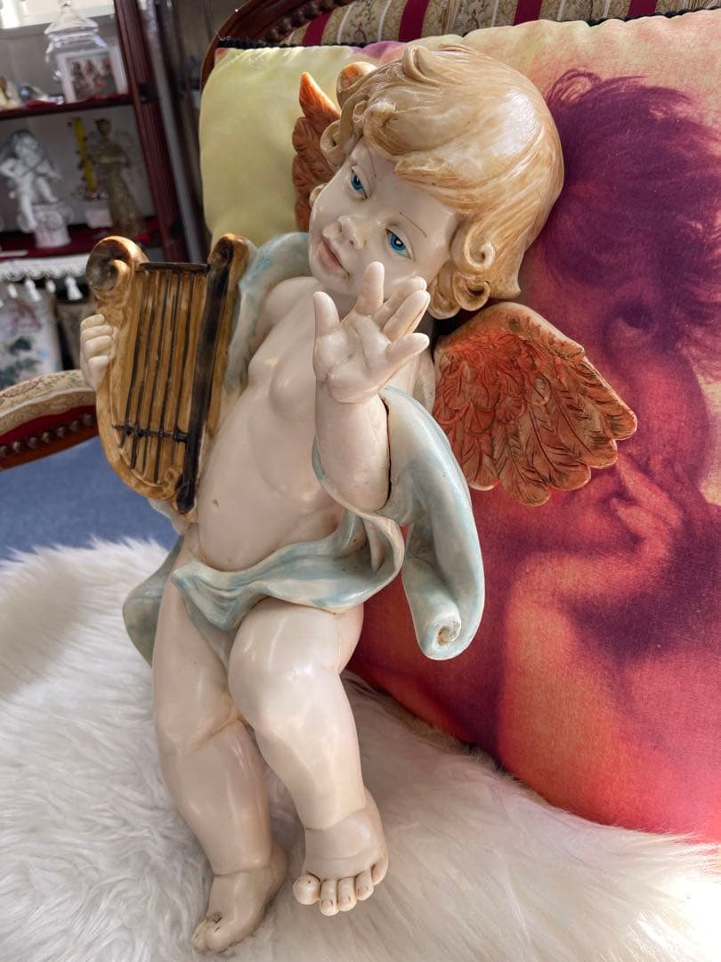 陶器製 天使の像 ハープ付き 約30cm
