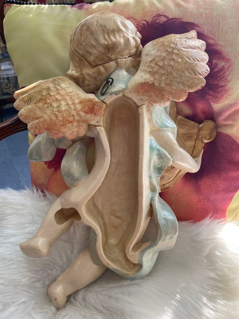 陶器製 天使の像 ハープ付き 約30cm