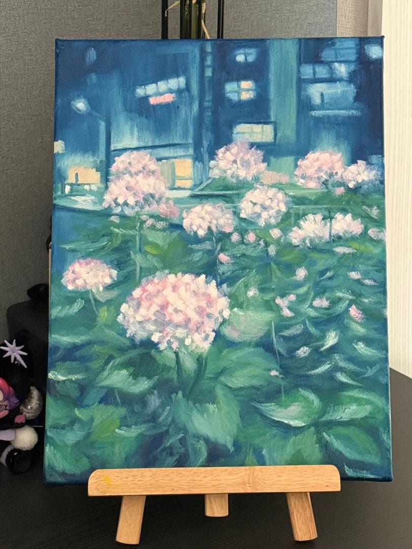 「夜のアジサイ」　手描き　油絵　風景画　原画　油彩画　紫陽花