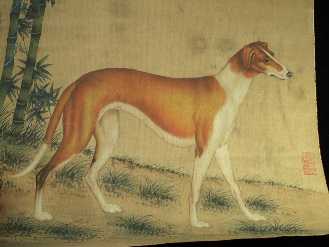 【骨董掛け軸】犬図 中国郎世寧　 清時代 肉筆保證 唐物 BD545C11-4