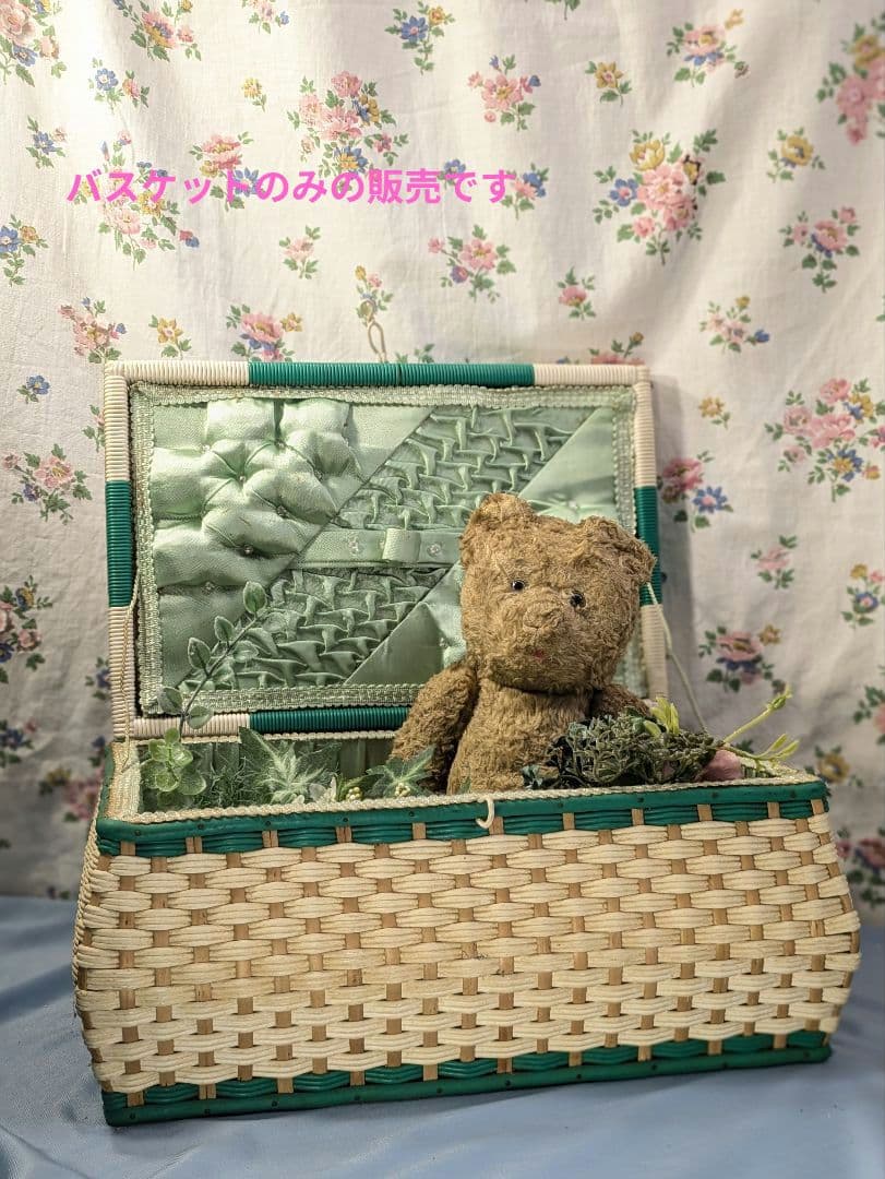 大きめ イギリス アンティーク ソーイングバスケット 裁縫箱 グリーン