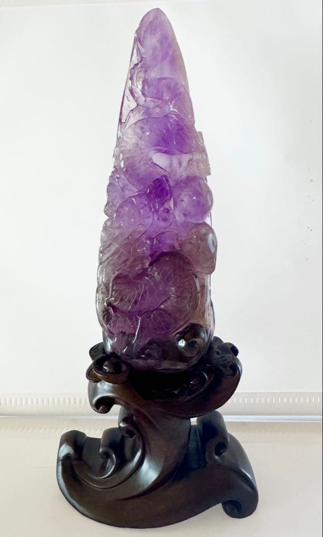 ★アメジスト手彫り昇り龍の置物★専用の壇木台座付き！