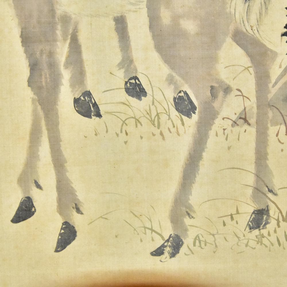 前川孝嶺画 双鹿図 水墨画 掛軸 日本画 掛軸 落款 縁起図 縦204㎝