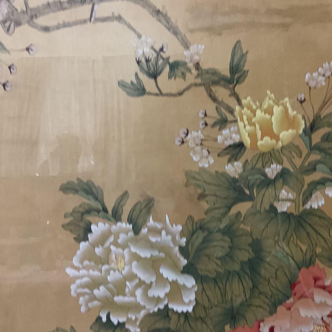 中国画 花鳥図 木枠扁額 【 牡丹に小禽図 】 落款名無 作者不詳