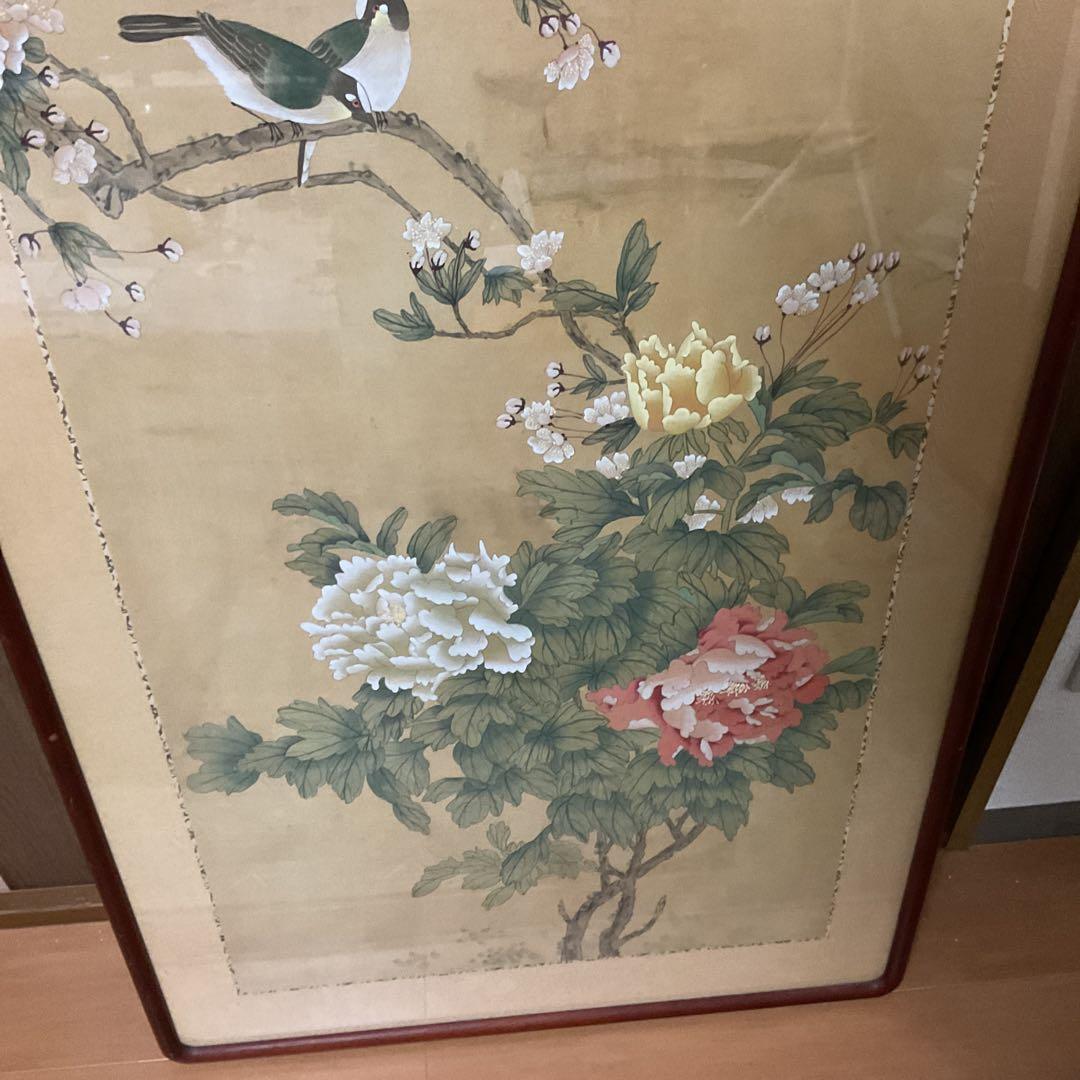 中国画 花鳥図 木枠扁額 【 牡丹に小禽図 】 落款名無 作者不詳