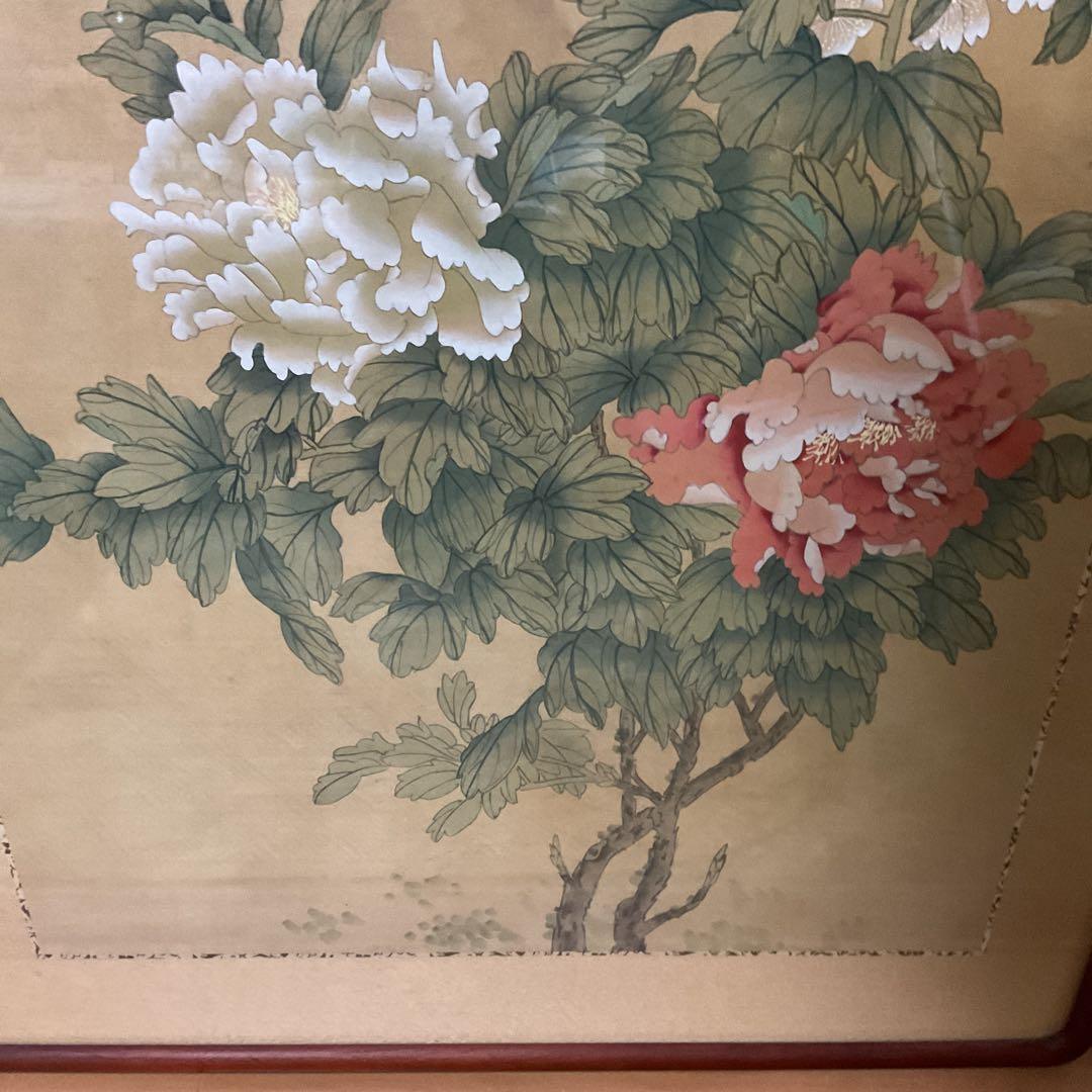 中国画 花鳥図 木枠扁額 【 牡丹に小禽図 】 落款名無 作者不詳