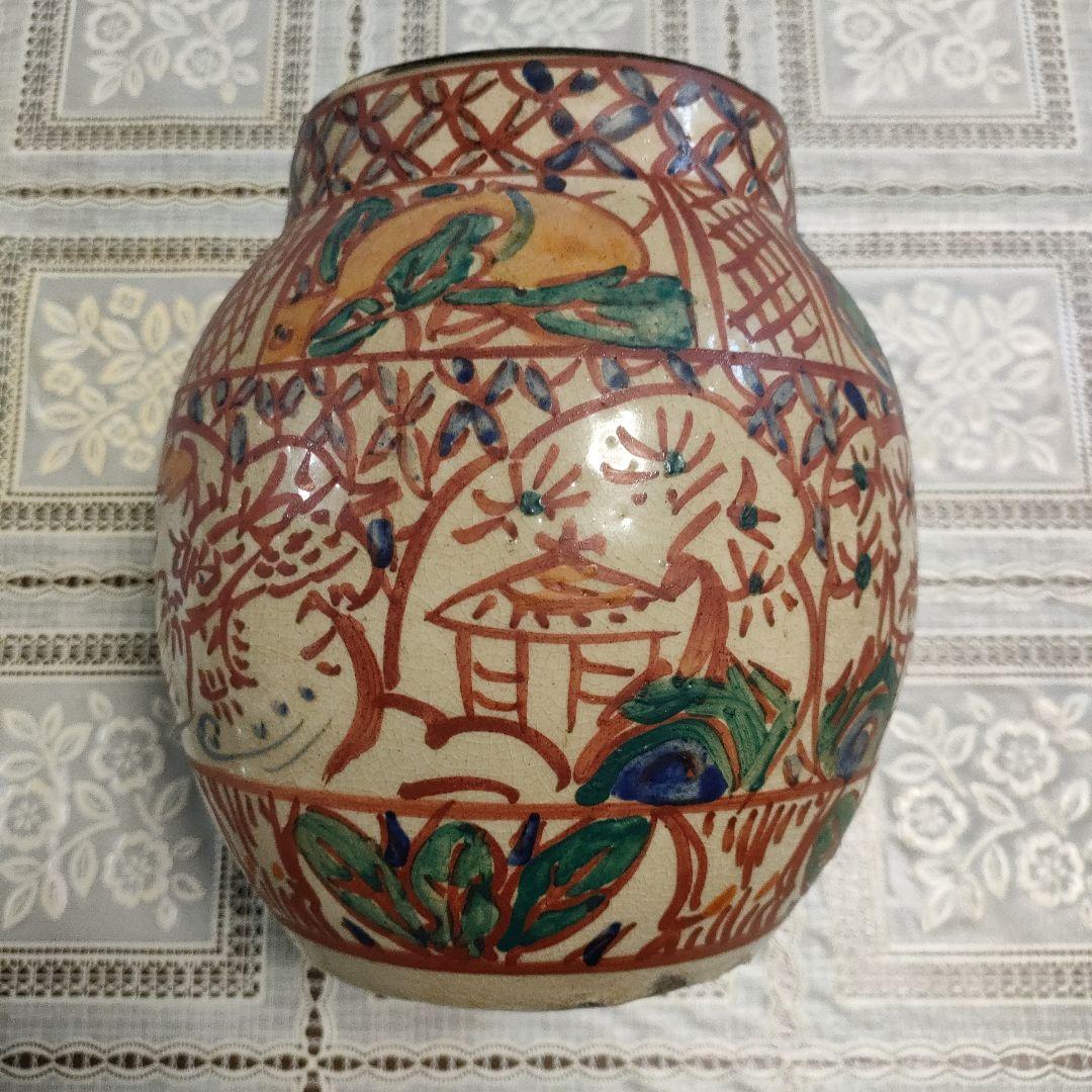 \"小橋川仁王\" 壺屋焼　琉球赤絵壺　花瓶　在銘