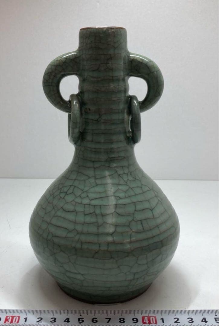 中国古窯哥窯青磁環付花入　口3.5cm 高21.3cm