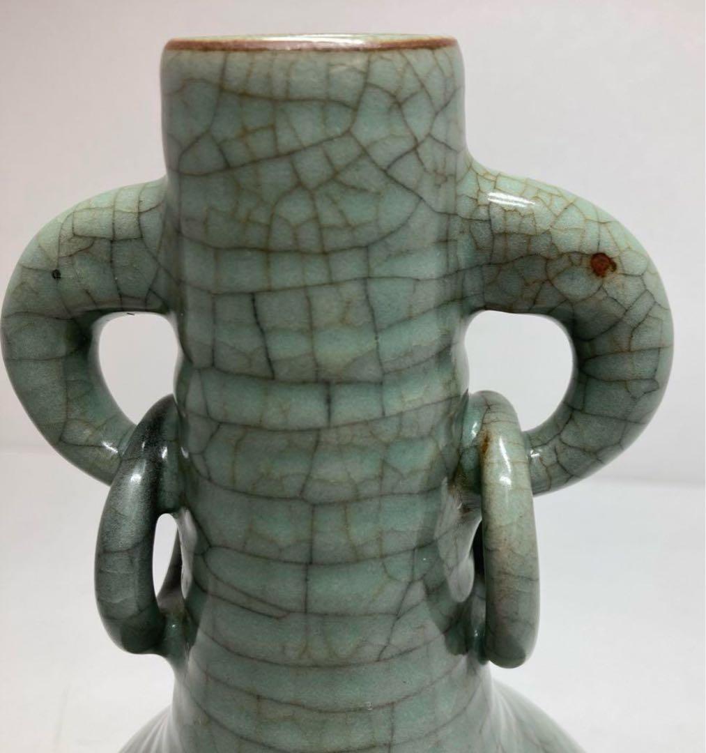 中国古窯哥窯青磁環付花入　口3.5cm 高21.3cm