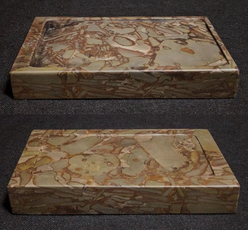 【豆斑玉石の古硯　清代】◆茶紫の豆斑美石◆珍品◆黄楊木の天地蓋◆七吋位◆魯硯