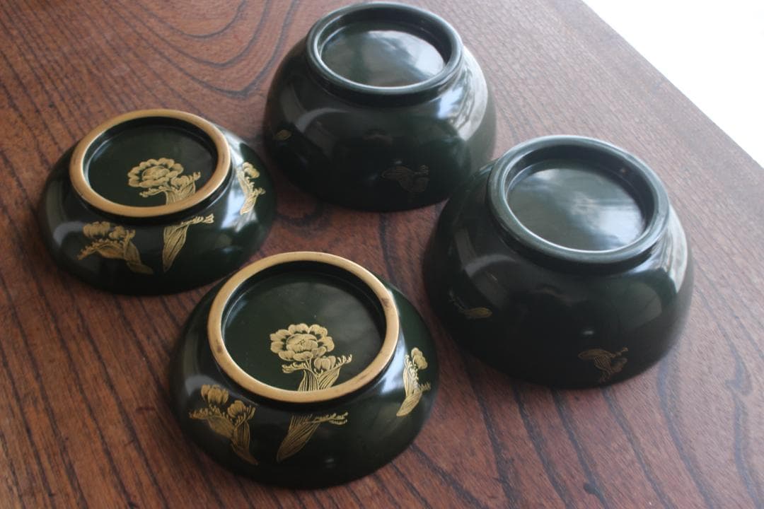 小傷有！時代青塗りに優美な福寿草沈金の煮物椀2点（検輪島塗蒔絵椀沈金椀雑煮椀