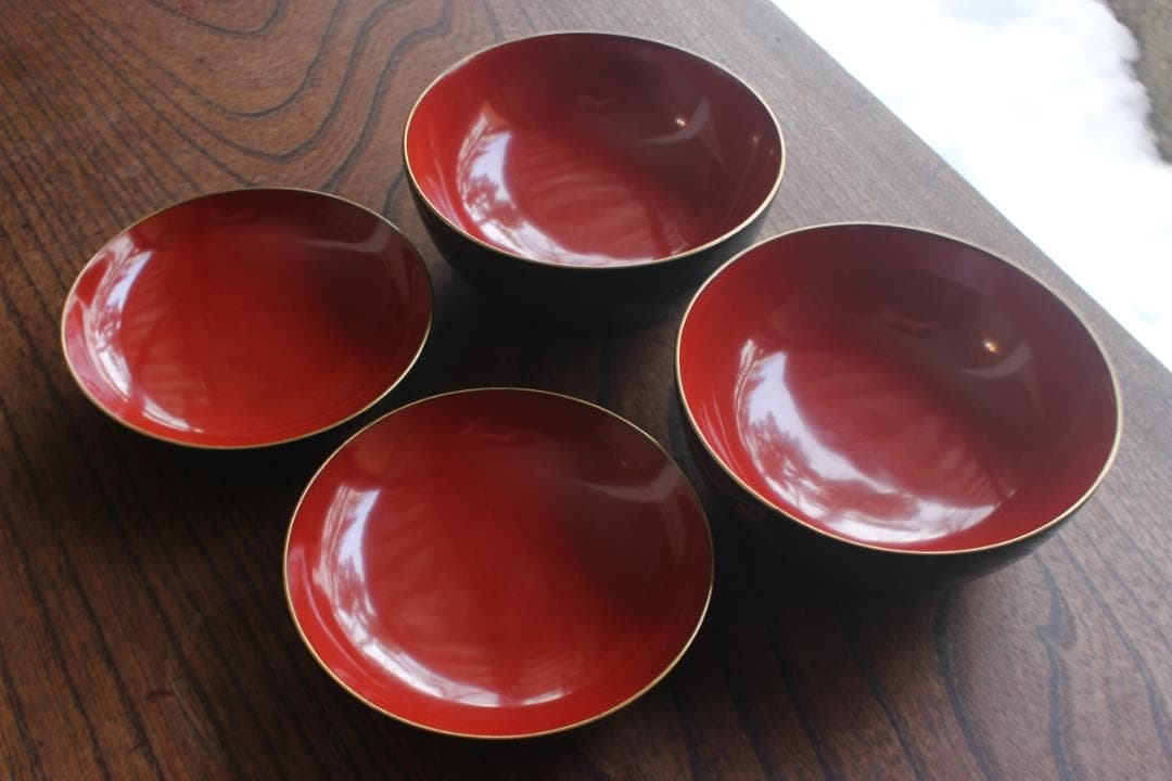 小傷有！時代青塗りに優美な福寿草沈金の煮物椀2点（検輪島塗蒔絵椀沈金椀雑煮椀