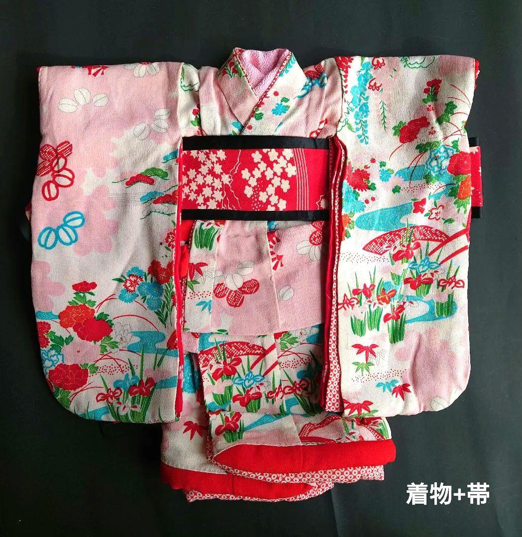 市松人形　お振り袖　着物と帯のセット　縮緬　古布　袷　本仕立て　15号52cm用