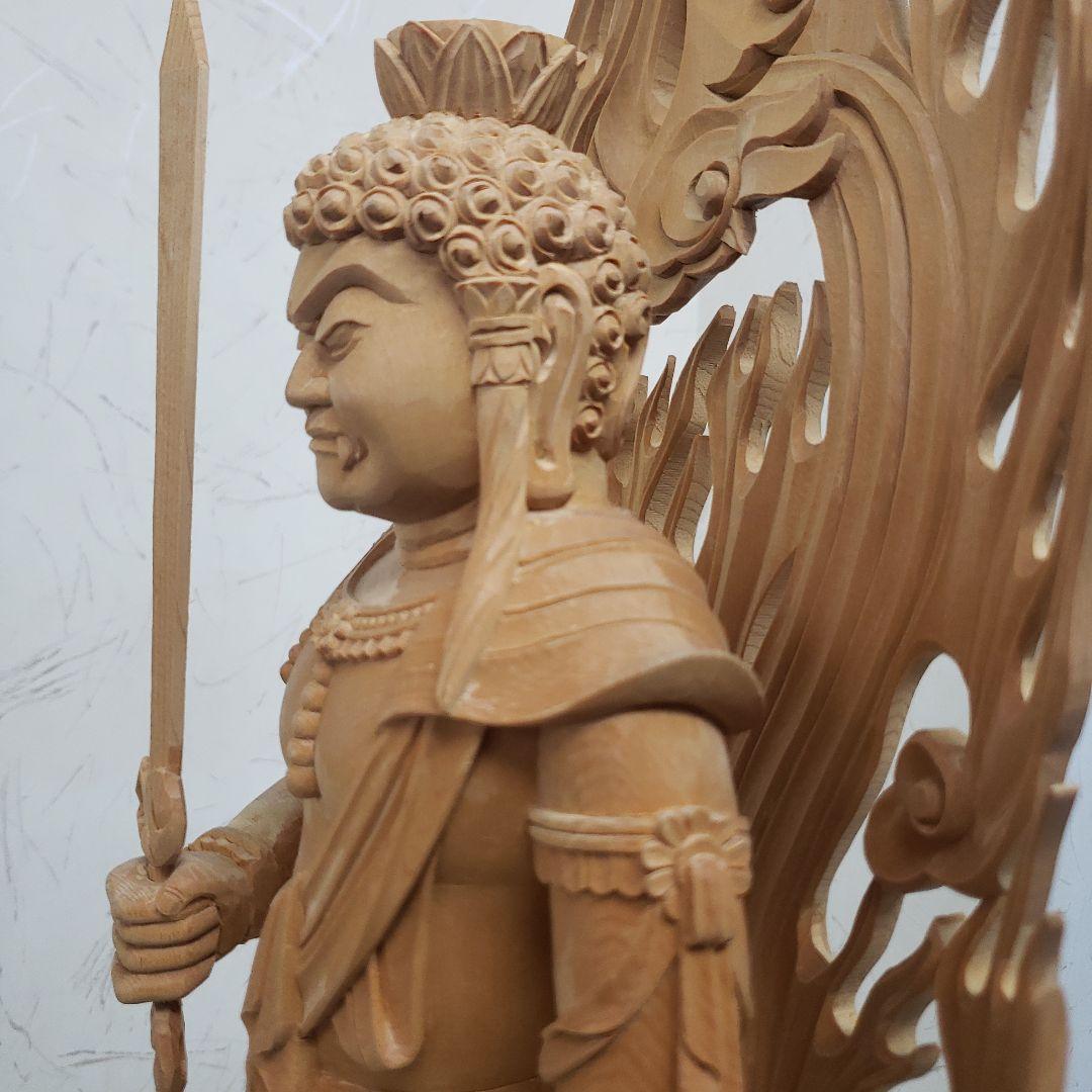 Ｂフライデー蔵出し特価極上彫り★白木材 不動明王立像１尺立★お不動さん火の鳥彫り