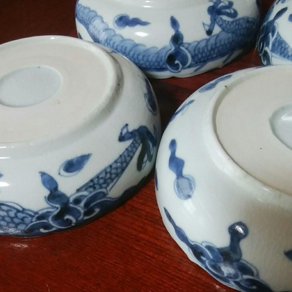 120  古伊万里　染付　龍文様　稜花形　膾皿　5客