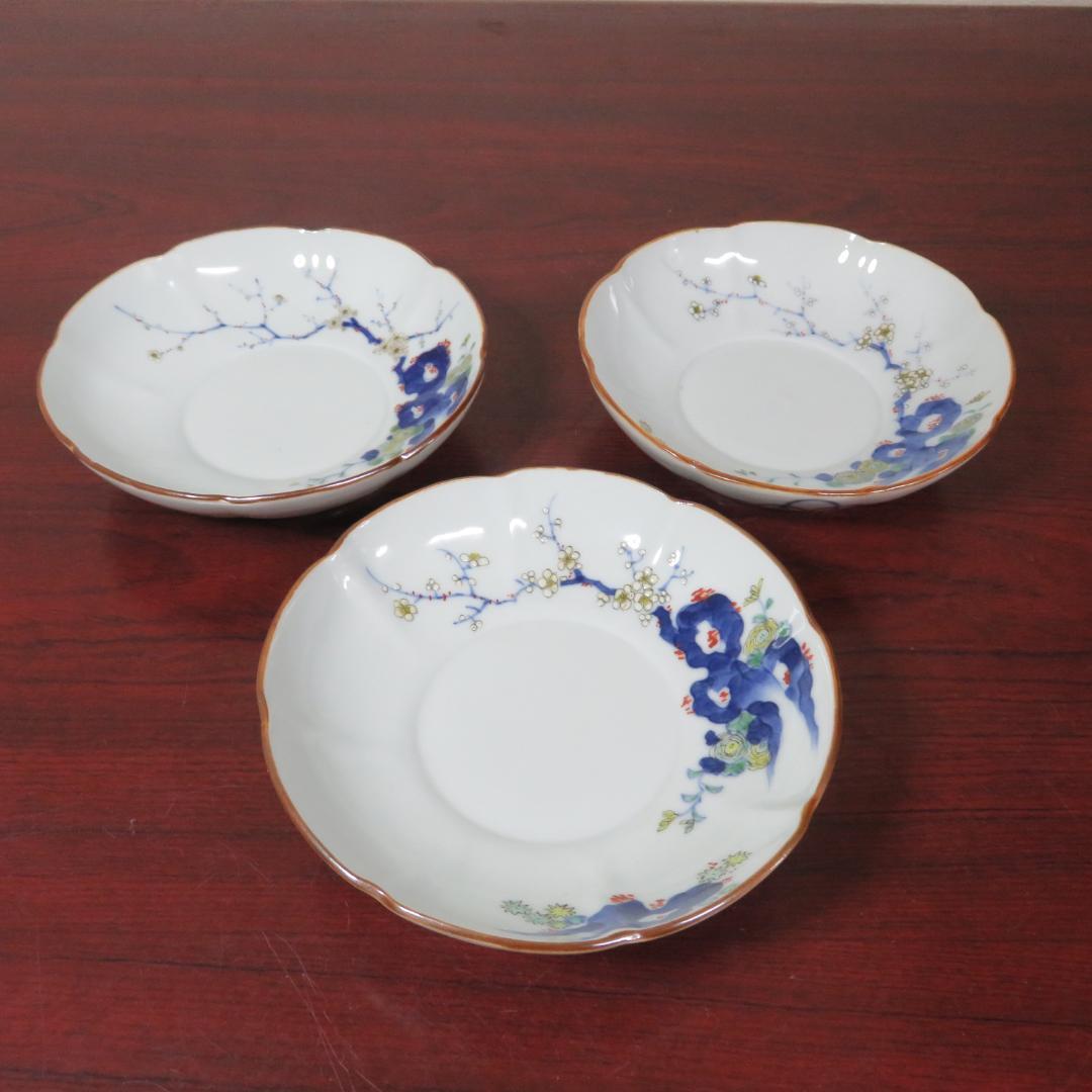 小皿 3枚 梅文様 花弁縁 染付 色絵付 茶縁 南州 明治 大正
