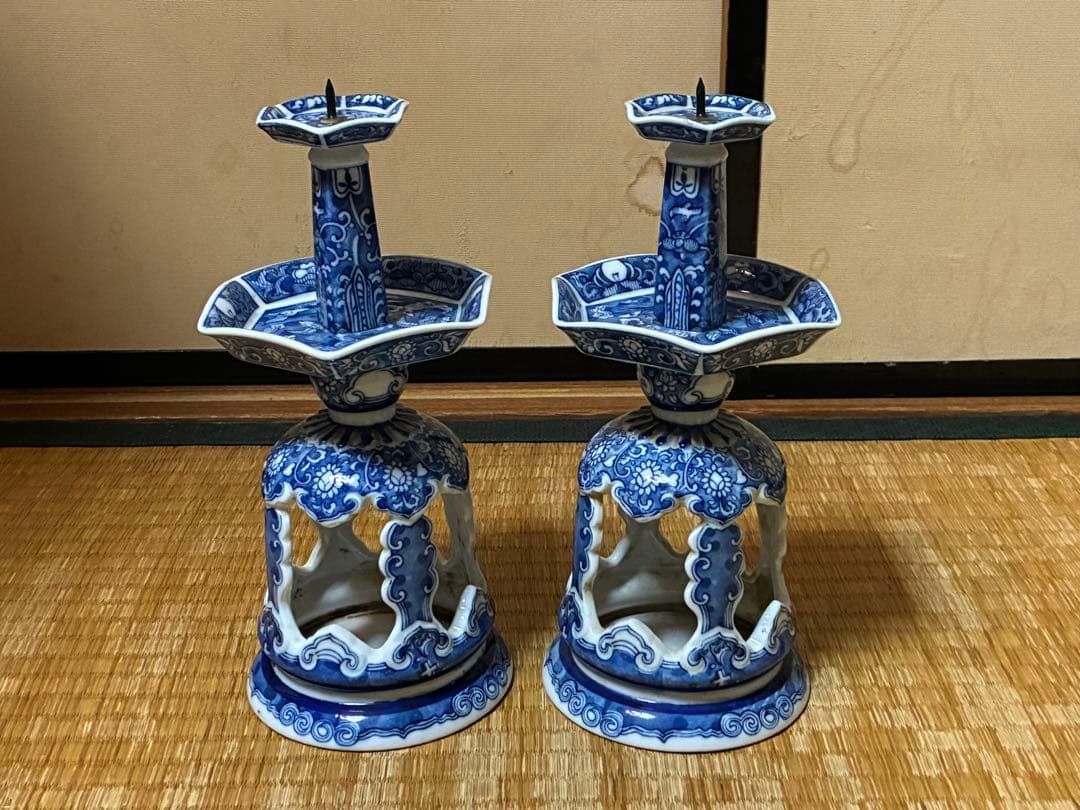 古伊万里 中国 青花 染付 燭台 一対 時代物 中国美術