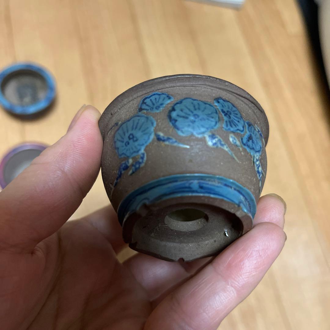 豆盆栽鉢　希少時代　陶翠　彩交趾黒泥丸豆鉢3個セット