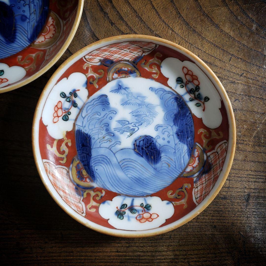 小皿　絵皿　色絵付け　古伊万里　明治　大正　鳥　波　滝　2枚
