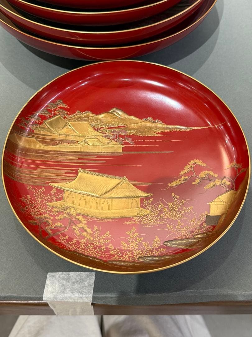 漆器 重箱 一組 金蒔絵 楼阁人物風景文 共箱付 朱塗 時代物