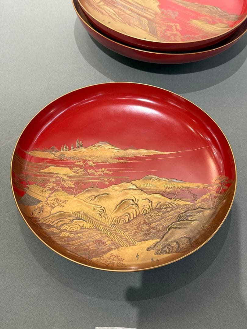 漆器 重箱 一組 金蒔絵 楼阁人物風景文 共箱付 朱塗 時代物