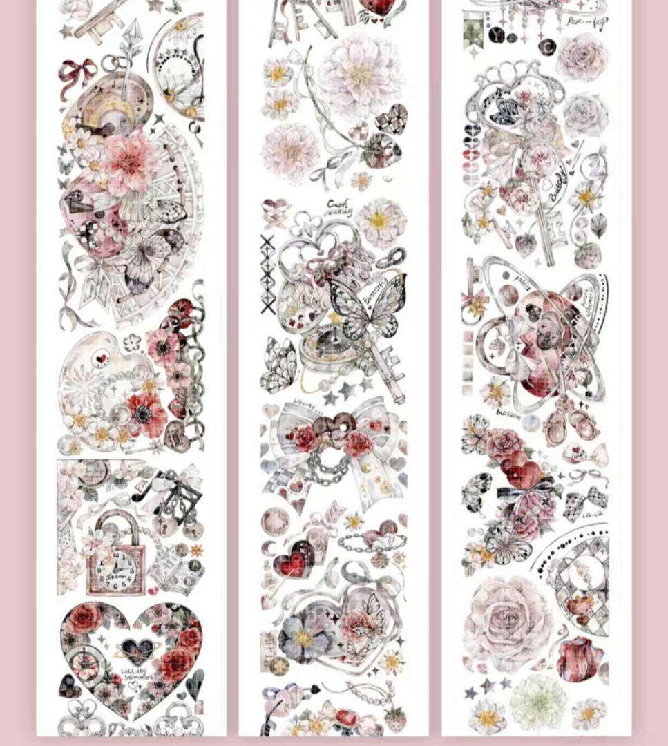 巻売 504★ 海外 マスキングテープ マステ PET 装飾 花 蝶 銀ホロ