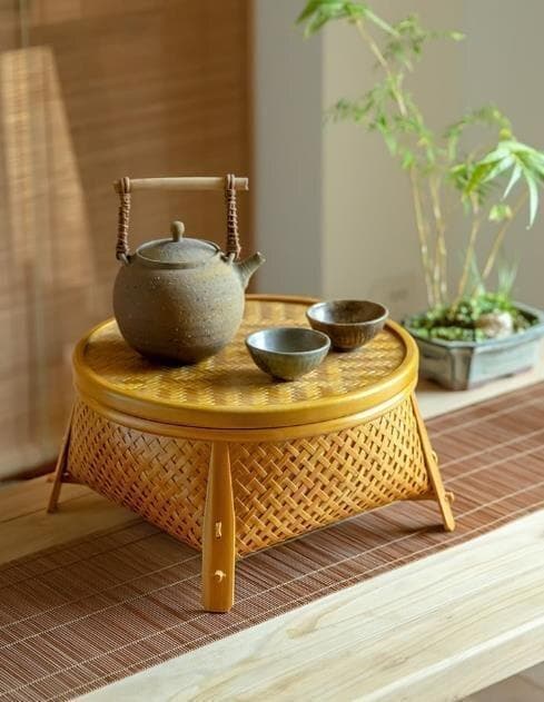 竹製円形茶器トレイ 竹編細工籠 収納する