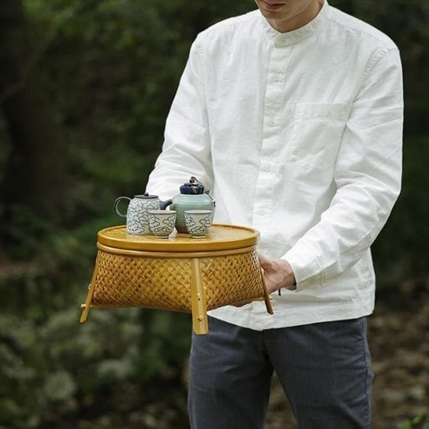 竹製円形茶器トレイ 竹編細工籠 収納する