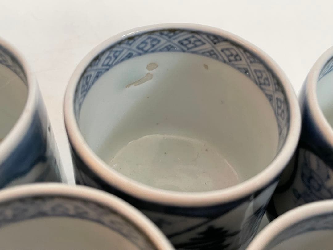 骨董　アンティーク　古伊万里　染付　福寿　梅文　覗き猪口　筒杯　五客