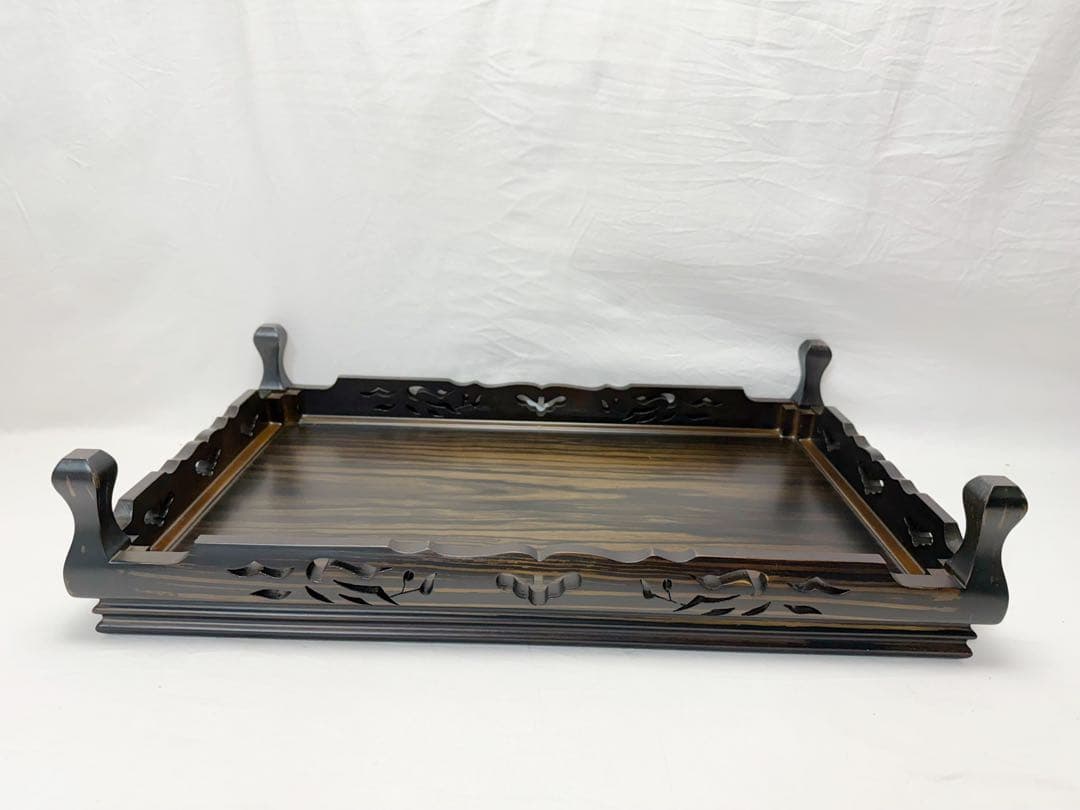 ほぼ未使用 華道具 唐木黒檀 松透かし彫 花台 1.8尺盆栽台 香炉台 元箱