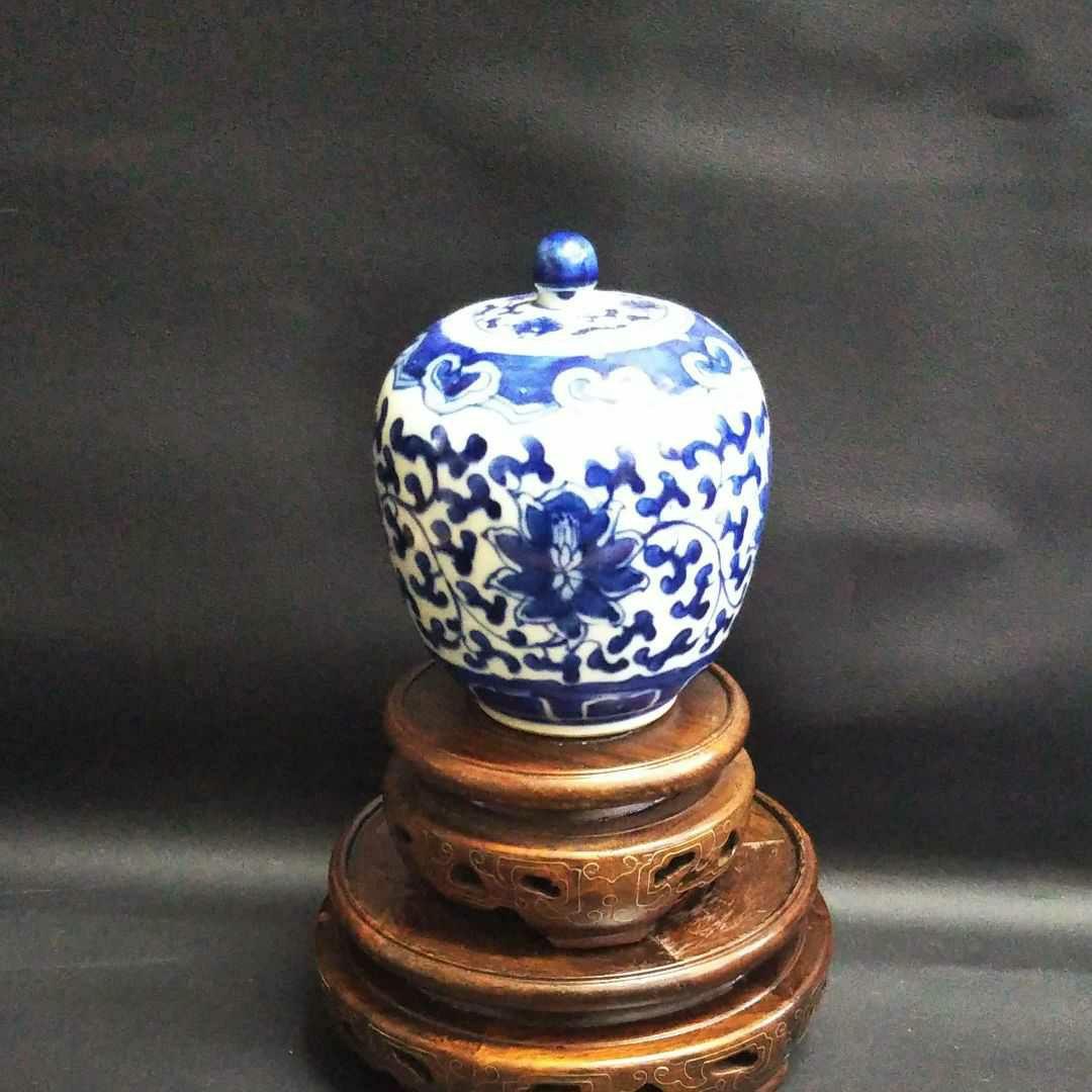 ※中国古美術/青花纏枝蓮弁紋蓋付文壺/(底款:大清康熈年製)