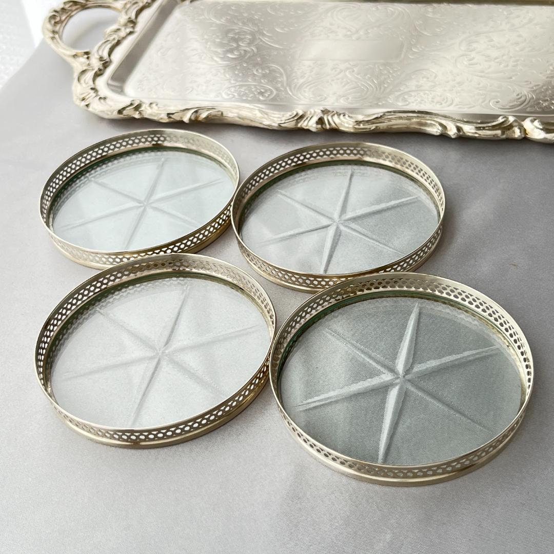 【Webster】【純銀 / ガラス】ワイングラスコースター 4枚 スターリング