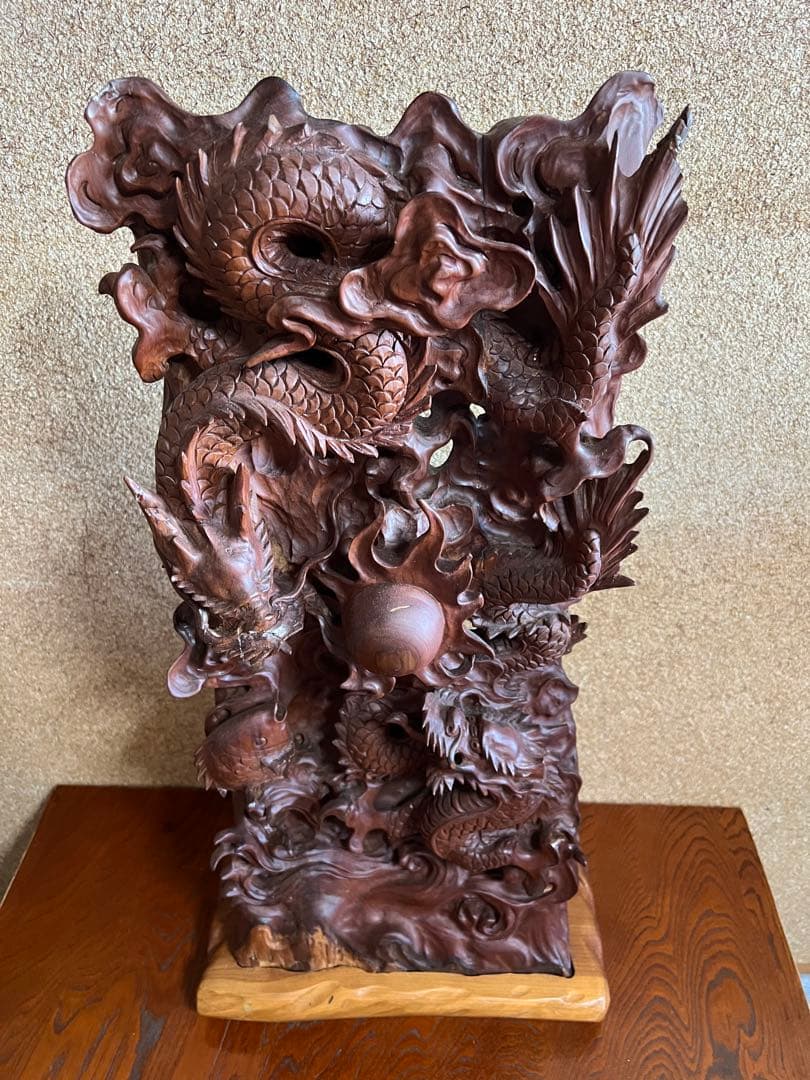 天然木 一刀彫 昇龍興龍