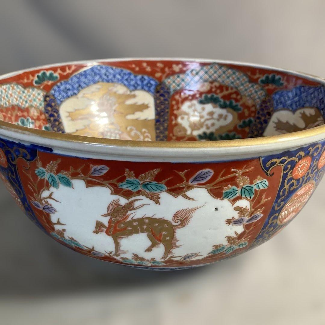 【古伊万里文】古伊万里の伝統　古伊万里文　極錦三方割鶴亀松梅鳳凰見込文　大深鉢