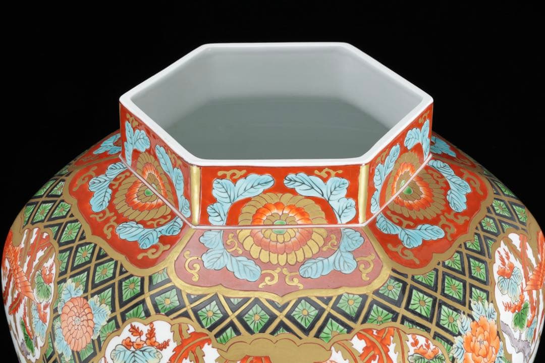 そ*ん様 有田焼 耕右衛門 染錦窓絵鳳凰花尽之図 獅子摘蓋特大三段壺 沈香壺 飾